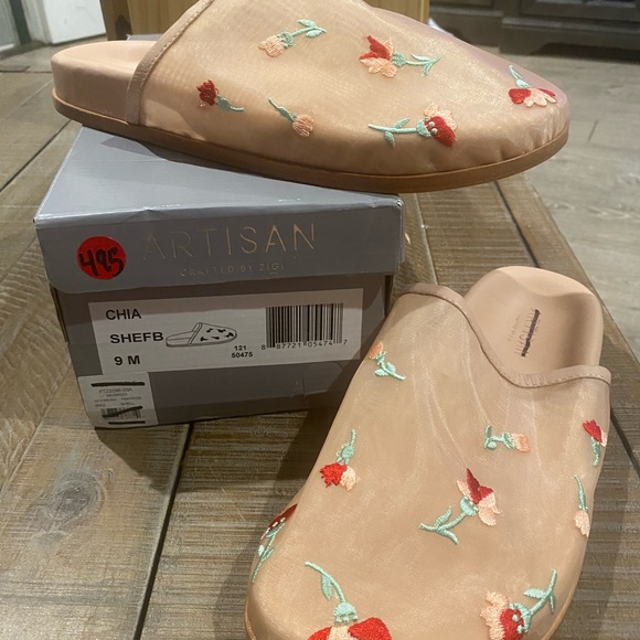 Free People Artisan Zigi Delilah Mules Sheer Embroidered Flowers Pink 9 - Picture 3 of 6